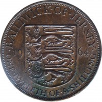 reverse of 1/12 Shilling - Elizabeth II - 1'st Portrait (1957 - 1964) coin with KM# 21 from Jersey. Inscription: · BAILIWICK · OF · JERSEY · 19 64 ONE · TWELFTH · OF · A · SHILLING