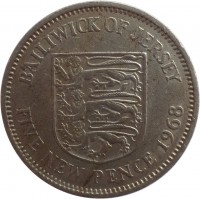 Jersey coin 5 New Pence - Elizabeth II - 2'nd Portrait (1968 - 1980) reverse reverse of 5 New Pence - Elizabeth II - 2'nd Portrait (1968 - 1980) coin with KM# 32 from Jersey. Inscription: BAILIWICK OF JERSEY FIVE NEW PENCE 1968