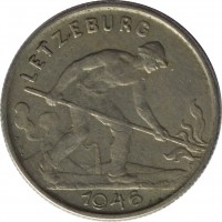 Luxembourg coin 1 Franc - Charlotte - Larger (1946 - 1947) obverse obverse of 1 Franc - Charlotte - Larger (1946 - 1947) coin with KM# 46.1 from Luxembourg. Inscription: LETZEBURG A.B. 1946