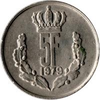 reverse of 5 Francs - Jean I (1971 - 1981) coin with KM# 56 from Luxembourg. Inscription: 5F 1976