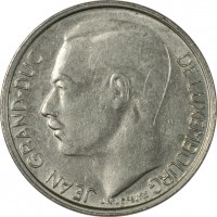 obverse of 1 Franc - Jean I (1965 - 1984) coin with KM# 55 from Luxembourg. Inscription: JEAN GRAND-DUC DE LUXEMBOURG J.N.LEVEVRE