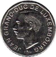obverse of 50 Francs - Jean I (1987 - 1989) coin with KM# 62 from Luxembourg. Inscription: JEAN GRAND-DUC DE LUXEMBOURG J.N.L.