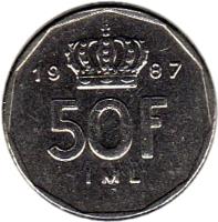 reverse of 50 Francs - Jean I (1987 - 1989) coin with KM# 62 from Luxembourg. Inscription: 19 87 50F IML