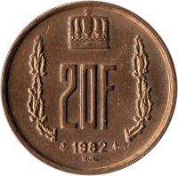 Luxembourg coin 20 Francs - Jean I (1980 - 1983) reverse reverse of 20 Francs - Jean I (1980 - 1983) coin with KM# 58 from Luxembourg. Inscription: 20F 1980 NJL