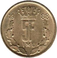 reverse of 5 Francs - Jean I (1986 - 1988) coin with KM# 60 from Luxembourg. Inscription: 19 86 5F IML
