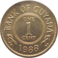reverse of 1 Cent (1967 - 1992) coin with KM# 31 from Guyana. Inscription: BANK OF GUYANA ONE 1 CENT 1988