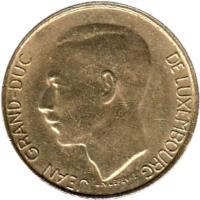 obverse of 5 Francs - Jean I (1989 - 1995) coin with KM# 65 from Luxembourg. Inscription: JEAN GRAND-DUC DE LUXEMBOURG J.N. LEFEVRE