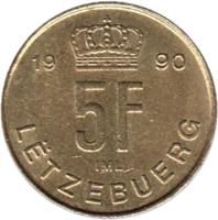 reverse of 5 Francs - Jean I (1989 - 1995) coin with KM# 65 from Luxembourg. Inscription: 19 89 5F IML LËTZEBUERG