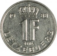 Luxembourg coin 1 Franc - Jean I (1988 - 1995) reverse reverse of 1 Franc - Jean I (1988 - 1995) coin with KM# 63 from Luxembourg. Inscription: 19 88 1F IML LËTZEBUERG