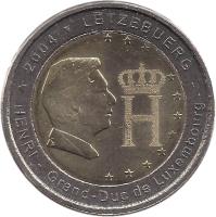 Luxembourg coin 2 Euro - Henri I - Monogramme (2004) obverse obverse of 2 Euro - Henri I - Monogramme (2004) coin with KM# 85 from Luxembourg. Inscription: 2004 LËTZEBUERG HENRI - Grand-Duc de Luxembourg CG
