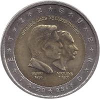 Luxembourg coin 2 Euro - Henri I - Henri and Adolphe (2005) obverse obverse of 2 Euro - Henri I - Henri and Adolphe (2005) coin with KM# 87 from Luxembourg. Inscription: LËTZEBUERG - GRANDS-DUCS DE LUXEMBOURG - HENRI 1955 ADOLPHE †1905 S 20 05