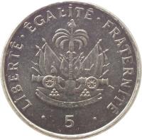 reverse of 5 Centimes (1995 - 1997) coin with KM# 154a from Haiti. Inscription: LIBERTÉ . ÉGALITÉ . FRATERNITÉ L'UNION FAIT LA FORCE . 5 .