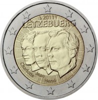 obverse of 2 Euro - Henri I - Jean de Luxemburg (2011) coin with KM# 116 from Luxembourg. Inscription: 2011 LËTZEBUERG Jean Charlotte Henri Grand-Duché de Luxembourg Großherzogtum Luxemburg Groussherzogtum LËTZEBUERG