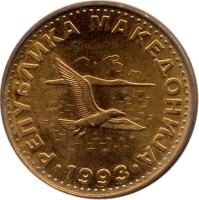 obverse of 50 Deni (1993) coin with KM# 1 from North Macedonia. Inscription: РЕПУБΛИКА МАКЕДОНИЈА 1993
