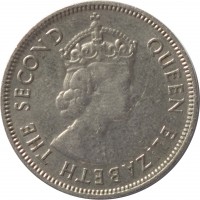 obverse of 1/2 Rupee - Elizabeth II - 1'st Portrait (1965 - 1978) coin with KM# 37 from Mauritius. Inscription: QUEEN ELIZABETH THE SECOND