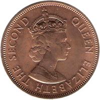 obverse of 5 Cents - Elizabeth II - 1'st Portrait (1956 - 1978) coin with KM# 34 from Mauritius. Inscription: QUEEN ELIZABETH THE SECOND