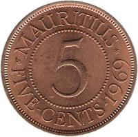 reverse of 5 Cents - Elizabeth II - 1'st Portrait (1956 - 1978) coin with KM# 34 from Mauritius. Inscription: *MAURITIUS* 5 FIVE CENTS · 1959
