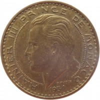 Monaco coin 20 Francs - Rainier III (1950 - 1951) obverse obverse of 20 Francs - Rainier III (1950 - 1951) coin with KM# 131 from Monaco. Inscription: RAINIER III PRINCE DE MONACO 1951