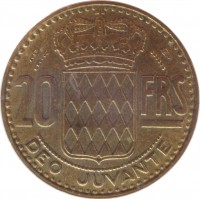 Monaco coin 20 Francs - Rainier III (1950 - 1951) reverse reverse of 20 Francs - Rainier III (1950 - 1951) coin with KM# 131 from Monaco. Inscription: 20 FRS DEO JUVANTE