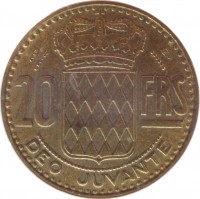 reverse of 20 Francs - Rainier III (1950 - 1951) coin with KM# 131 from Monaco. Inscription: 20 FRS DEO JUVANTE