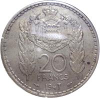 Monaco coin 20 Francs - Louis II (1947) reverse reverse of 20 Francs - Louis II (1947) coin with KM# 124 from Monaco. Inscription: 20 FRANCS 1947 DEO JUVANTE