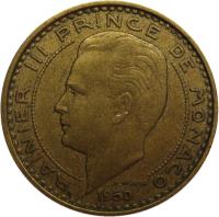 obverse of 10 Francs - Rainier III (1950 - 1951) coin with KM# 130 from Monaco. Inscription: RAINIER III PRINCE DE MONACO 1951 P. TURIN