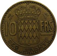 Monaco coin 10 Francs - Rainier III (1950 - 1951) reverse reverse of 10 Francs - Rainier III (1950 - 1951) coin with KM# 130 from Monaco. Inscription: 10 FRS DEO JUVANTE