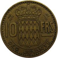 reverse of 10 Francs - Rainier III (1950 - 1951) coin with KM# 130 from Monaco. Inscription: 10 FRS DEO JUVANTE