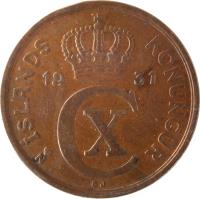 obverse of 5 Aurar - Christian X (1926 - 1942) coin with KM# 7 from Iceland. Inscription: ÍSLANDS KONUNGUR 1942 CX