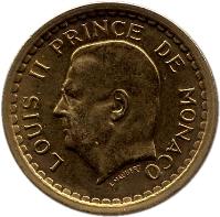 Monaco coin 1 Franc - Louis II (1945) obverse obverse of 1 Franc - Louis II (1945) coin with KM# 120a from Monaco. Inscription: LOUIS II PRINCE DE MONACO L. MAUBERT