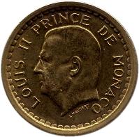 obverse of 1 Franc - Louis II (1945) coin with KM# 120a from Monaco. Inscription: LOUIS II PRINCE DE MONACO L. MAUBERT