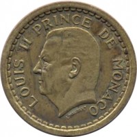 obverse of 2 Francs - Louis II (1945) coin with KM# 121a from Monaco. Inscription: LOUIS II PRINCE DE MONACO L. MAUBERT