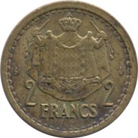 Monaco coin 2 Francs - Louis II (1945) reverse reverse of 2 Francs - Louis II (1945) coin with KM# 121a from Monaco. Inscription: 2 FRANCS 2 DEO JUVANTE