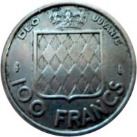 reverse of 100 Francs - Rainier III (1956) coin with KM# 134 from Monaco. Inscription: DEO JUVANTE 100 FRANCS