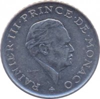 obverse of 2 Francs - Rainier III (1979 - 1982) coin with KM# 157 from Monaco. Inscription: RAINIER · III · PRINCE · DE · MONACO G. SIMON