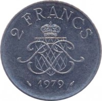 reverse of 2 Francs - Rainier III (1979 - 1982) coin with KM# 157 from Monaco. Inscription: 2 FRANCS 1979