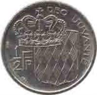 reverse of 1/2 Franc - Rainier III (1965 - 1995) coin with KM# 145 from Monaco. Inscription: DEO JUVANTE 1 2FR