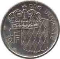 Monaco coin 1/2 Franc - Rainier III (1965 - 1995) reverse reverse of 1/2 Franc - Rainier III (1965 - 1995) coin with KM# 145 from Monaco. Inscription: DEO JUVANTE 1 2FR
