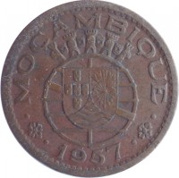 obverse of 50 Centavos (1953 - 1957) coin with KM# 81 from Mozambique. Inscription: MOCAMBIQUE 1957