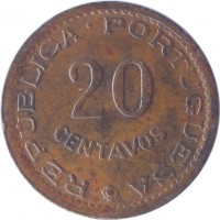 reverse of 20 Centavos (1973 - 1974) coin with KM# 88 from Mozambique. Inscription: REPUBLICA PORTUGUESA 20 CENTAVOS