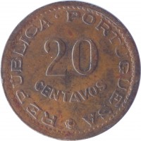 Mozambique coin 20 Centavos (1973 - 1974) reverse reverse of 20 Centavos (1973 - 1974) coin with KM# 88 from Mozambique. Inscription: REPUBLICA PORTUGUESA 20 CENTAVOS