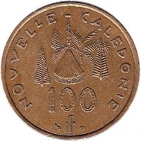 reverse of 100 Francs (1976 - 2005) coin with KM# 15 from New Caledonia. Inscription: NOUVELLE CALEDONIE 100 f