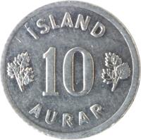 reverse of 10 Aurar (1970 - 1974) coin with KM# 10a from Iceland. Inscription: ÍSLAND 10 AURAR