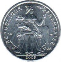 obverse of 1 Franc (1972 - 2014) coin with KM# 10 from New Caledonia. Inscription: REPUBLIQUE FRANÇAISE I · E · O · M · G.B.BAZOR 2009