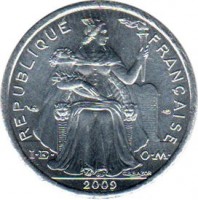 New Caledonia coin 1 Franc (1972 - 2014) obverse obverse of 1 Franc (1972 - 2014) coin with KM# 10 from New Caledonia. Inscription: REPUBLIQUE FRANÇAISE I · E · O · M · G.B.BAZOR 2009