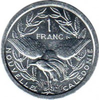 New Caledonia coin 1 Franc (1972 - 2014) reverse reverse of 1 Franc (1972 - 2014) coin with KM# 10 from New Caledonia. Inscription: 1 FRANC NOUVELLE CALEDONIE