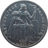 New Caledonia coin 2 Francs (1973 - 2014) obverse obverse of 2 Francs (1973 - 2014) coin with KM# 14 from New Caledonia. Inscription: REPUBLIQUE FRANÇAISE I·E· O·M· G.B.BAZOR 1990