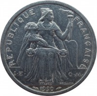 obverse of 2 Francs (1973 - 2014) coin with KM# 14 from New Caledonia. Inscription: REPUBLIQUE FRANÇAISE I·E· O·M· G.B.BAZOR 1990