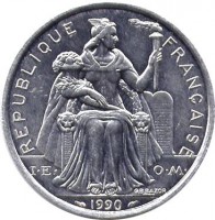 obverse of 5 Francs (1983 - 2014) coin with KM# 16 from New Caledonia. Inscription: REPUBLIQUE FRANÇAISE I · E · O · M · G.B.BAZOR 1990