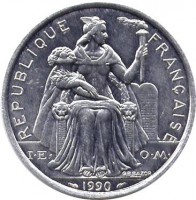 New Caledonia coin 5 Francs (1983 - 2014) obverse obverse of 5 Francs (1983 - 2014) coin with KM# 16 from New Caledonia. Inscription: REPUBLIQUE FRANÇAISE I · E · O · M · G.B.BAZOR 1990